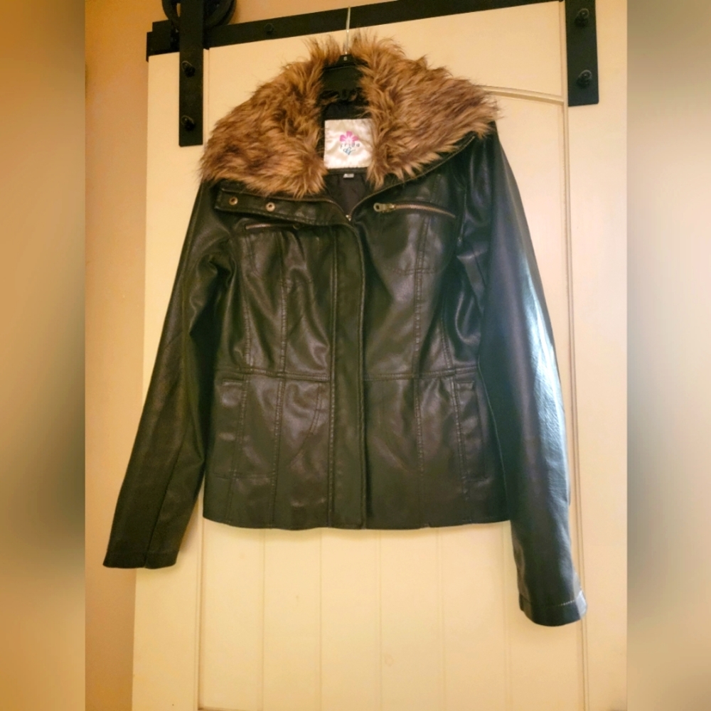 FRIDA G Vegan Leather Bomber Jacket with Faux Fur Collar
